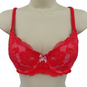 Victorias Secret 32D Body by Victoria Lined Demi Red Lace Rhinestone Bra Bow